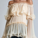 Quiet Luxury Champagne Off-Shoulder Ruffle Chiffon Blouse