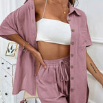 Two-Piece Set Short Sleeve Button Down Shirt Tops Sweat Shorts Summer Lounge Sets
