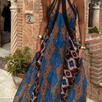 Unique Printed Suspender Pocket Full Hem Loose Holiday Maxi Dress