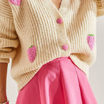 Sweet V-neck beige strawberry decorated cardigan sweater