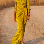 Long Sleeves Loose Solid Color Lapel Collar Maxi Shirt Dresses