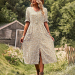 Nadorine Women's Button Down V Neck Full Print High Waist A-Line Summer Casual Dress