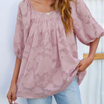 Nadorine Quare Neck Babydoll Tops 3/4 Puff Sleeve Lace Blouse Summer Floral Textured Shirts