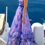 Dreamy Clouds Tulle Printed Rose Detail Cutout Ruffles Tiered Halter Maxi Dress