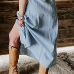 Mist Blue Fully Buttoned Long Denim Skirt