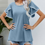 Pom-Pom Trim Flutter Sleeve Round Neck Tee Casual Blouses Tops