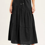 Solid color cotton and linen elastic waist pleated skirt