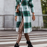 Women's Mid Length Double Breasted Plaid Print Woolen Coat
