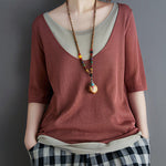 Artistic False Two Loose Ramie Cotton Half Sleeve Shirt