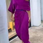 Whispered Yes Satin Irregular Lapel Neckline Design Ruched Maxi Dress