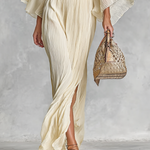 Women's Pleated Chiffon Stand Collar Trumpet Sleeve Shirt Slit Floor Length Skirt Two-piece Set