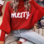 Merry Letter Embroidered High Neck Sweater