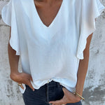 White Solid Color V-Neck Ruffle Short Sleeve Blouse