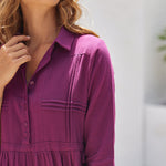 Nadorine Women's Casual Lapel Neck Button Long Sleeve Drawstring Cotton Linen Shirt Dress