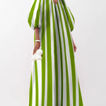 Puff Sleeves Three-Quarter Sleeves Striped V-Neck Maxi Dresses