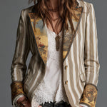 Bohemian Striped Cotton Blazer With Printed Lapels