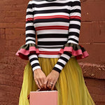 Long Sleeves Skinny Contrast Color Ruffled Split-Joint Striped Half Turtleneck Blouses&Shirts Tops