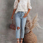 Nadorine Five Quarter Sleeves Puff Sleeves Round Neck Top Chiffon Loose Flower Texture Casual Shirt