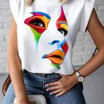 Cap Sleeve Loose Multi-Colored Printed High-Neck T-Shirts Tops
