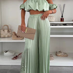 Jorie Satin Off Shoulder Puff Sleeve Crop Top and Elastic Waist Pleated Wide Leg Pants Set
