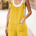 Sleeveless Baggy Fit Overall Strappy Tie Knot Shorts Jumpsuit Csaual Cute Rompers with Plus Size Patch Pockets