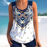U Neck Sleveless Tankinis Plus Size Swimwear with Tummy Control Boyshorts