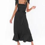 Tie-straps Ruffled Square Collar Sleeveless Slit Mid-length Dress