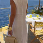 Elegant Resort Linen Blend Stand Neck Front Slit Midi Top and Elastic Waist Loose Pants Set