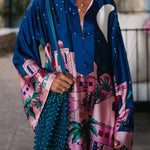Seaside Stroll Satin Unique Print Button Up Long Sleeve Slit Kaftan Midi Dress