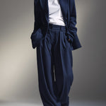 Women's Navy Structured Woven Set With Oversized Blazer & Wide-Leg Pants, Timeless Chic-Effortless Style Set