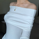 Long Sleeves Pleated Solid Color Split-Joint Off-The-Shoulder Maxi Dresses