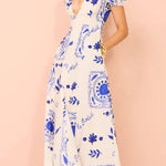 Embrace The Glamour Linen Blend Unique Print Puff Sleeve Pocketed Maxi Dress