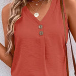Nadorine Button V Neck Sleeveless Solid Color Loose Fit Tunic Tank Top
