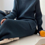 Urban Loose Solid Round-Neck Split-Side Sweater& Wide Leg Pants Suits