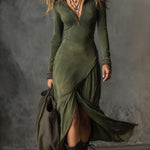 Bohemian Washed Cotton Half-zip Hem Slit Midi Dress