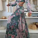 Gabbie Satin Paisley Print Cutout Elastic Waist Long Sleeve Full Hem Maxi Dress