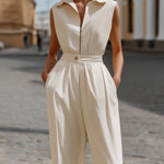 Sleeveless Collared Zipper Front Wide-Leg Tailored Jumpsuit