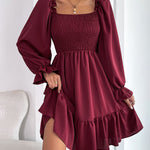 Square Neck Long Sleeve Shirred Ruffle Hem Dresses High Waist A Line Knee Length Elegant Mini Dress