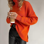 Turtleneck Loose Hem Slit Long Sleeve Knitted Pullover Sweater Tops
