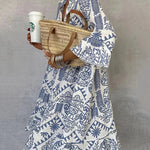 Loose Three-Quarter Sleeves Falbala Printed V-Neck Midi Dresses