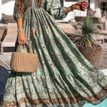 Green Boho Floral Print Backless Drawstring High Waist Maxi Dress