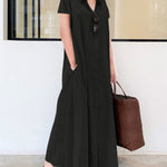 Nadorine Women's Casual Loose Short Sleeve Beach Dress Solid Color Loose Temperament Long Shirt Dress