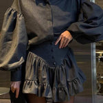 Retro puff sleeve shirt + ruffled high-waisted mini skirt set