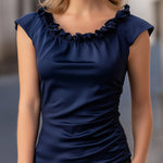 Ruffled Neckline Ruched Side Cap Sleeves Blouse
