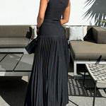 Bodycon Sleeveless Hollow Pleated Solid Color Split-Joint Mock Neck Maxi Dresses