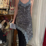 Soraia Velvet Sequin Lace Trim Irregular Hem Slip Mini Dress