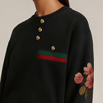 Long Sleeves Buttoned Contrast Color Flower Print Split-Joint Round-Neck Sweatshirt Tops