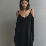Women's Elegant Black Stretchy Knit Long-sleeved Maxi Dress With Spaghetti Straps