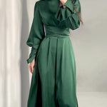 Long Sleeve Belted Puff Sleeve Green Elegant Dress