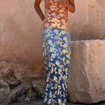 Tie Dye Ombre Gold Floral Print Sexy Strappy Maxi Dress